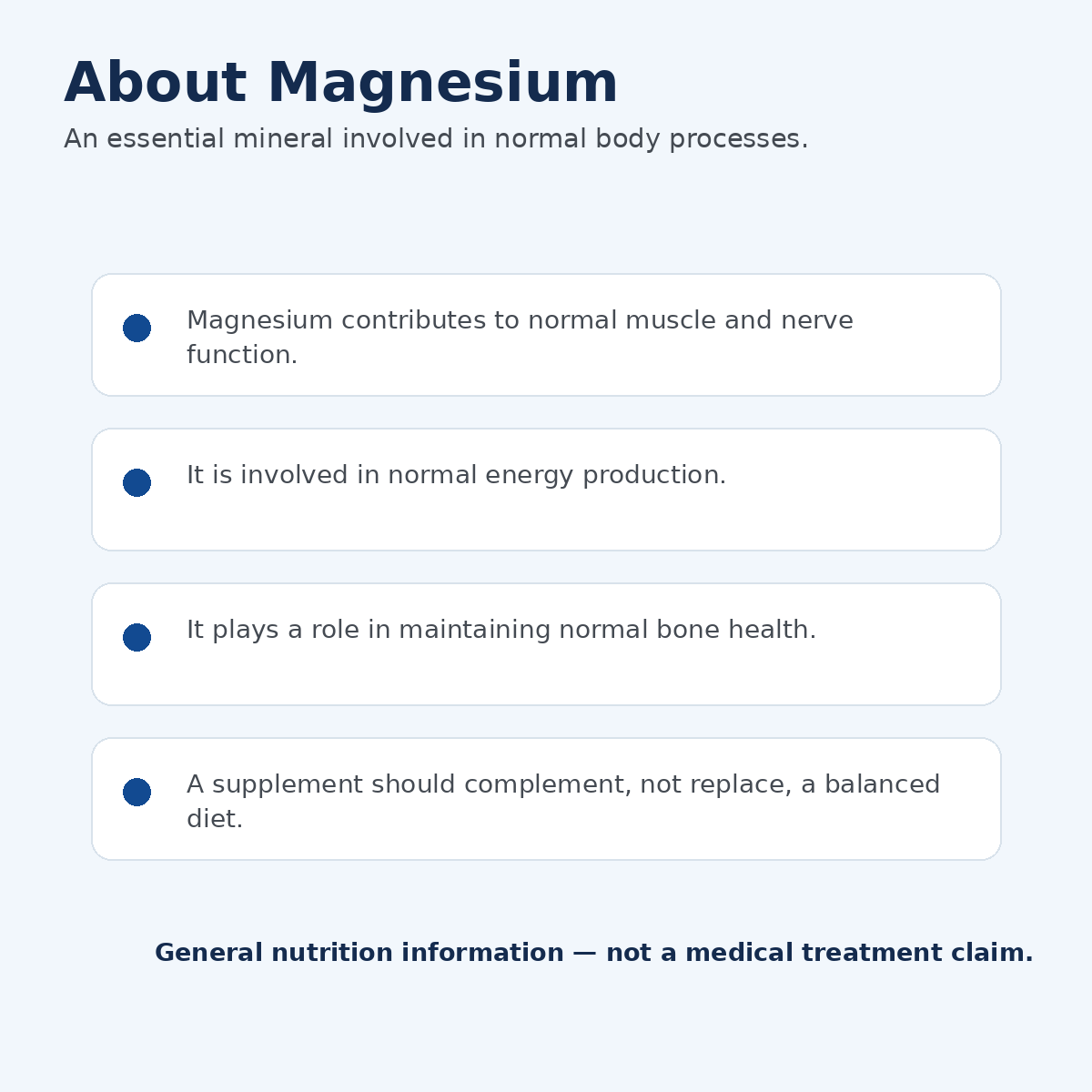 General information about magnesium and normal muscle, nerve, energy and bone functions
