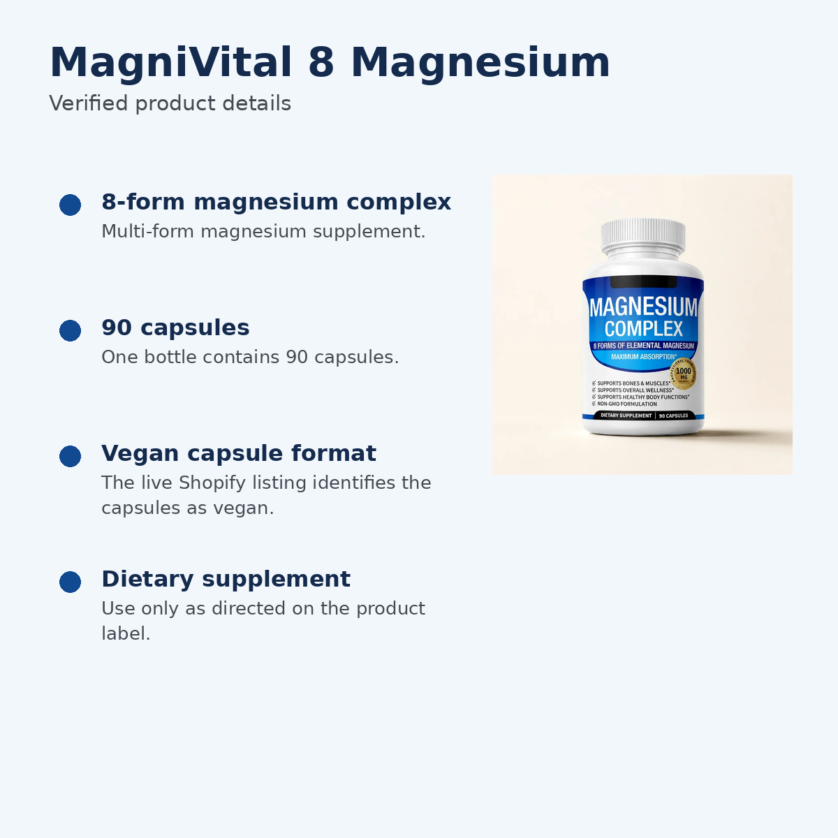MagniVital 8 Magnesium verified product details including 8-form complex, 90 capsules and vegan capsule format
