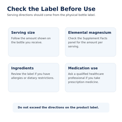 Magnesium supplement label guide for serving size, elemental magnesium, ingredients and medication considerations
