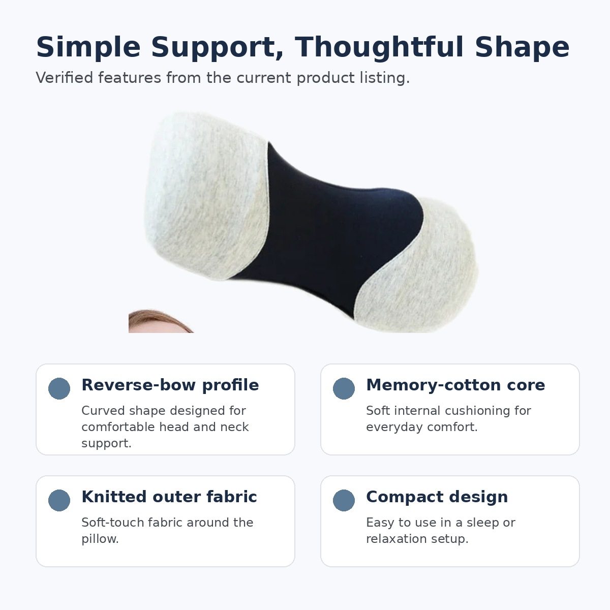 Reverse-bow cervical support pillow features including memory-cotton core and knitted outer fabric