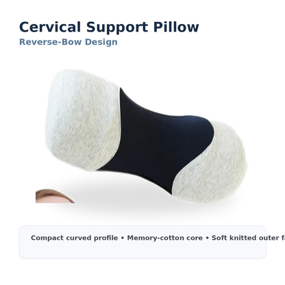 Cervical support pillow with reverse-bow design in gray and black