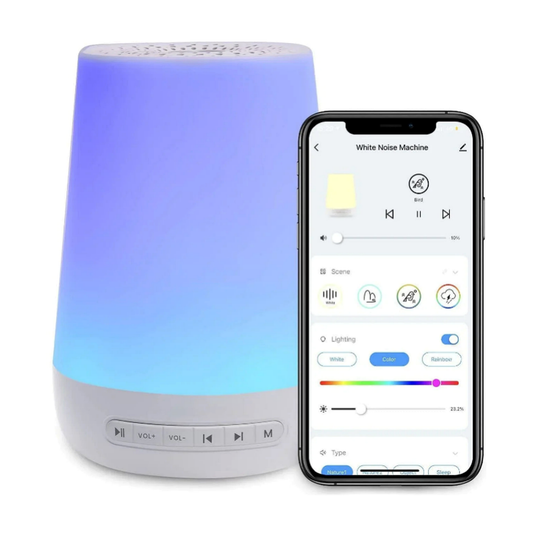 Smart Kids White Noise Night Light with phone app interface