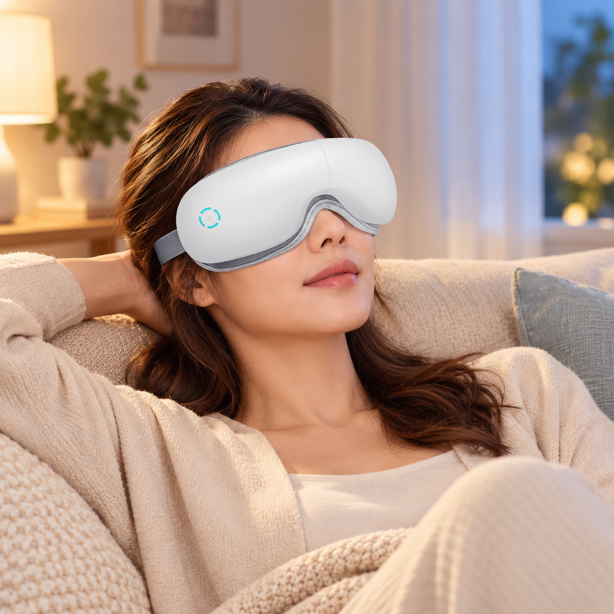 Adult relaxing at home while wearing the white Typico heated eye massager
